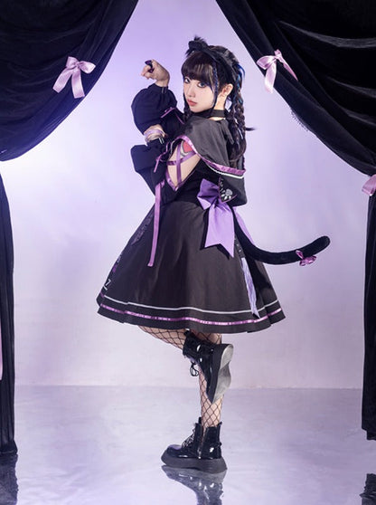 Dark Cat Asymmetric Suspender Skirt + Short Jacket