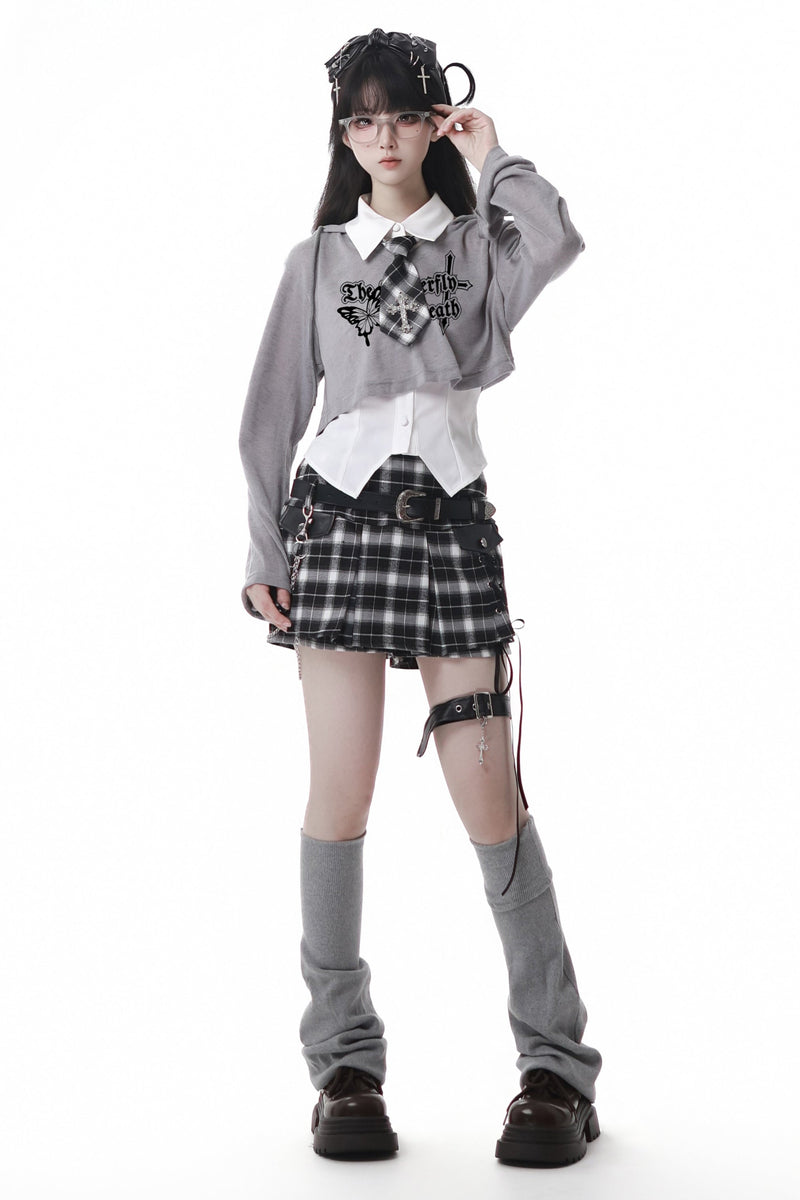 Y2k Hooded Crop Top + Sleeveless Shirt With Tie + Plaid Culottes