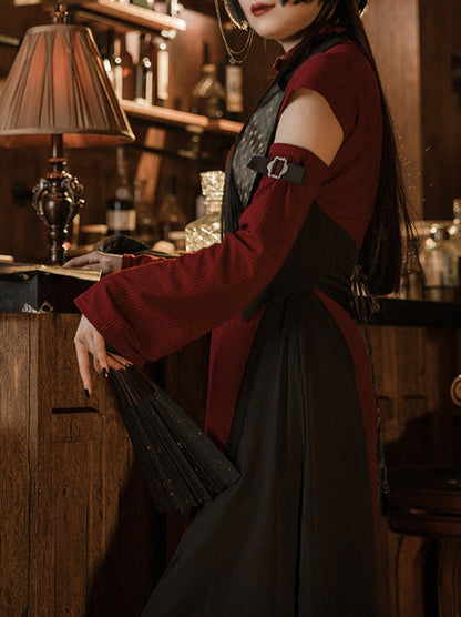 Retro Wine Red Black Oriental Chinese-style Trumpet Sleeve Long Dress