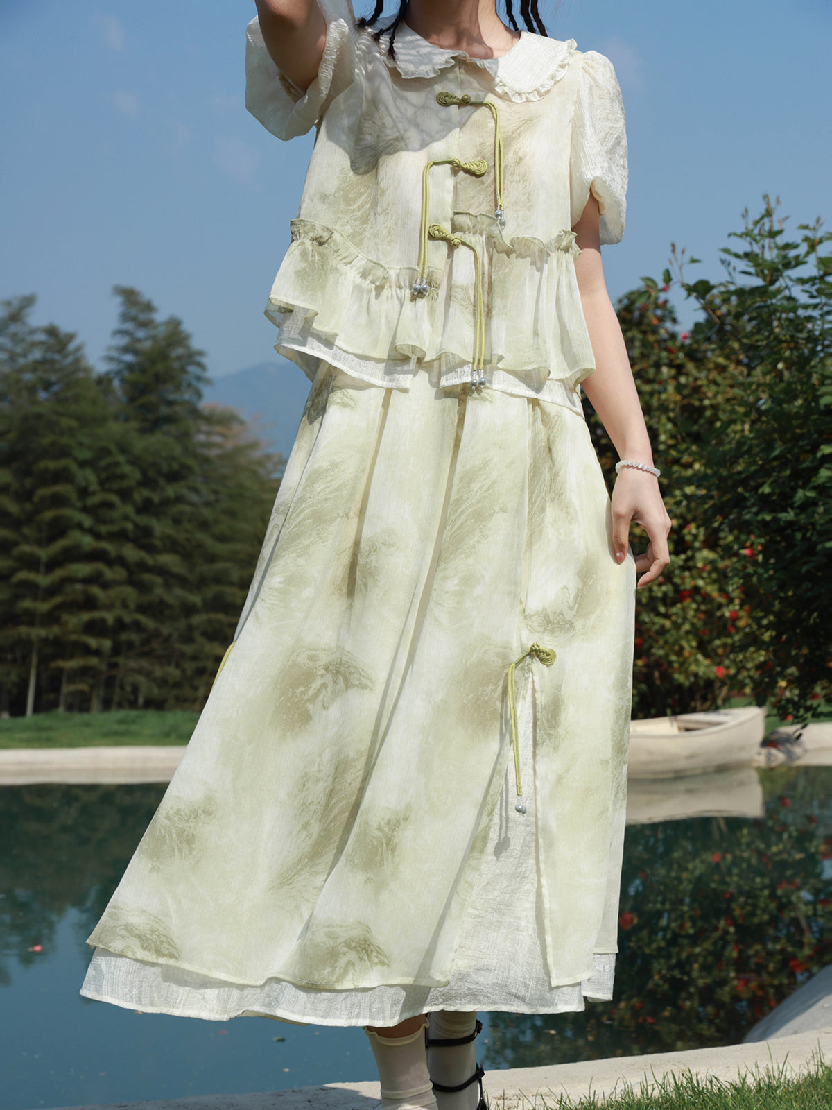 Chinese-style Tassel Chiffon Ruffle Layered Set