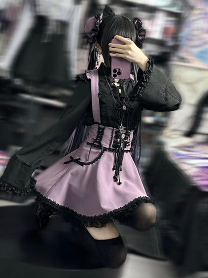 Ruffled Lace-up High Waist Suspender Skirt