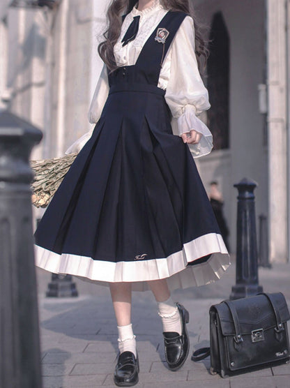 College Style Retro Ruffle Chiffon Blouse + Cyan Dress + Beret + Emblem + Necktie
