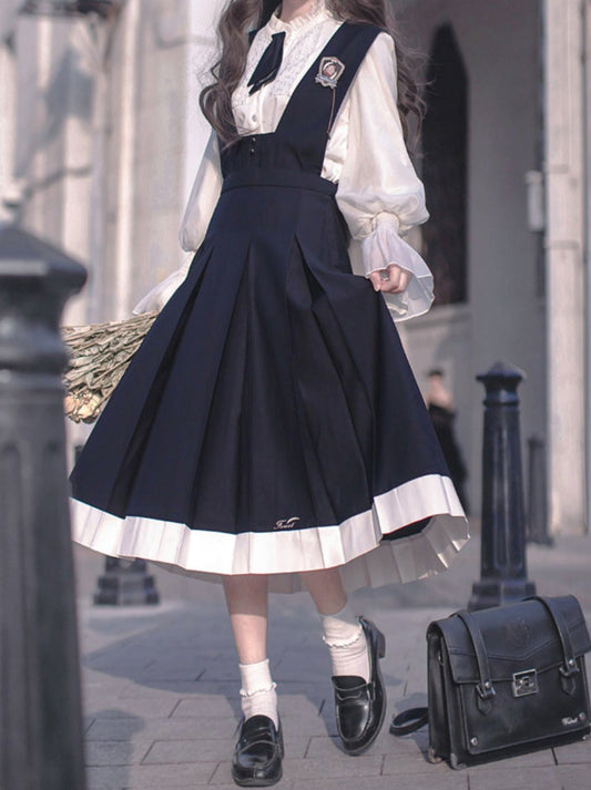 College Style Retro Ruffle Chiffon Blouse + Cyan Dress + Beret + Emblem + Necktie