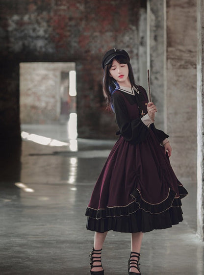Faux Two Piece Pleated Cape Dark Gothic Dress