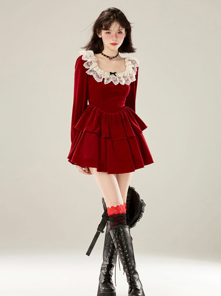 Red Lace Collar Velvet Dress