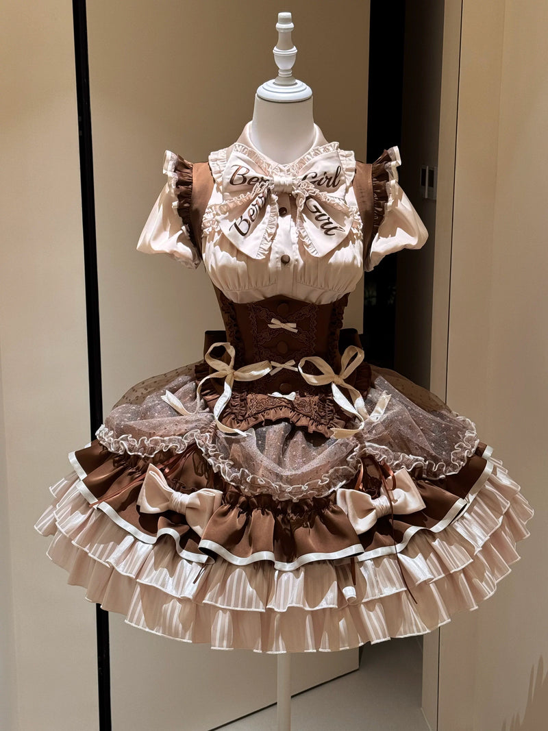 [order Deadline: May 12] Café Mocha Lolita Idol Ribbon Puff Sleeve Shirt + Corset Tulle Pull-up Jks Dress Set