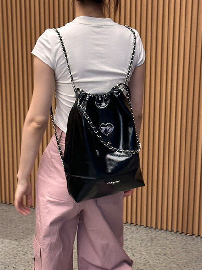 Cool Metal Heart Soft Leather Drawstring Bag