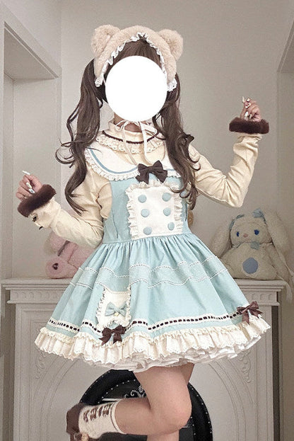[pre-order Item]chocolate Mint Sailor Collar Girly Maid Dress + Cake Hat
