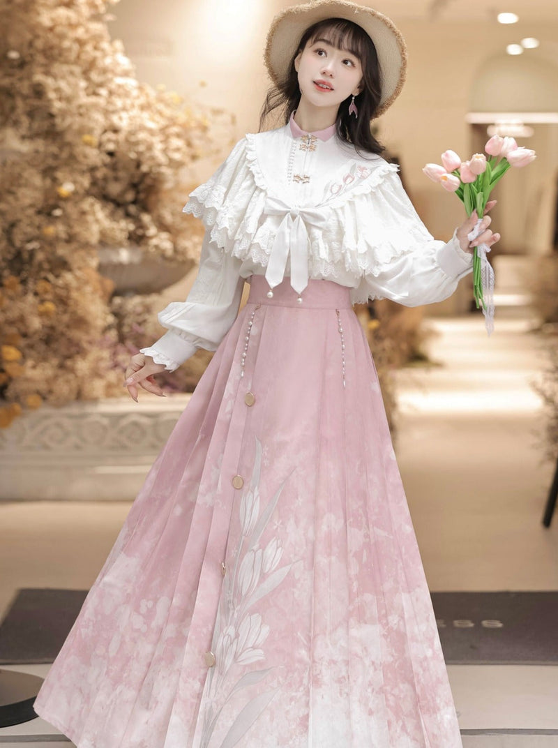 Sweet Chinese-style Blouse + Sweet Flower Pleated Skirt + Lace Ribbon Shawl