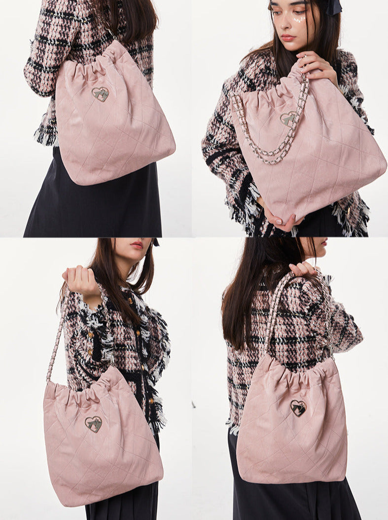 Cool Metal Diamond Quilted Leather Chain Tote Bag