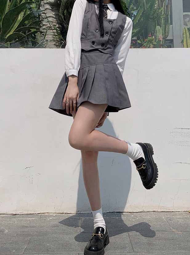Plaid Necktie Shirt + Double-breasted Vest + Asymmetric Pleated Skirt