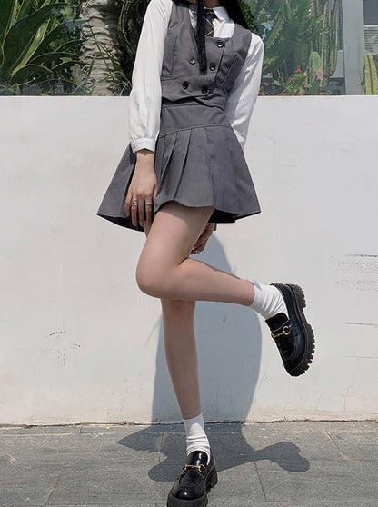 Plaid Necktie Shirt + Double-breasted Vest + Asymmetric Pleated Skirt