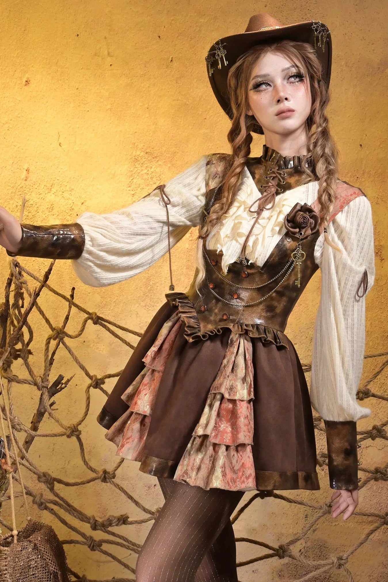 Steampunk Lace Patchwork Dress + Brooch
