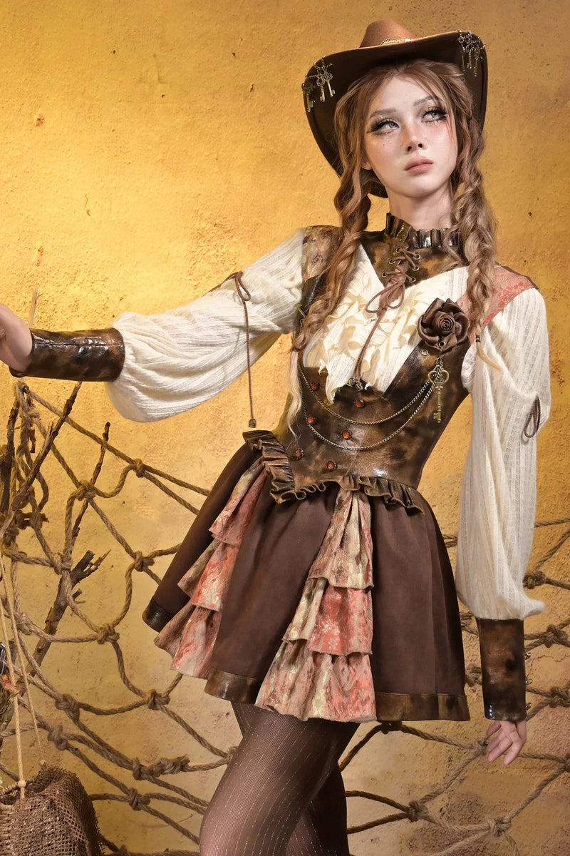 Steampunk Lace Patchwork Dress + Brooch