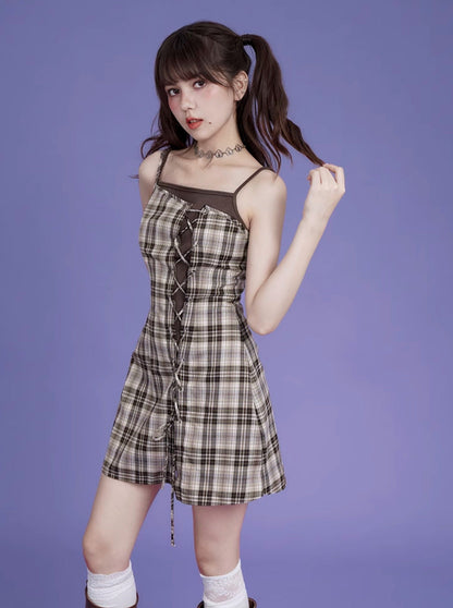 Logo Sweat Top + Plaid Lace Up Camisole Dress
