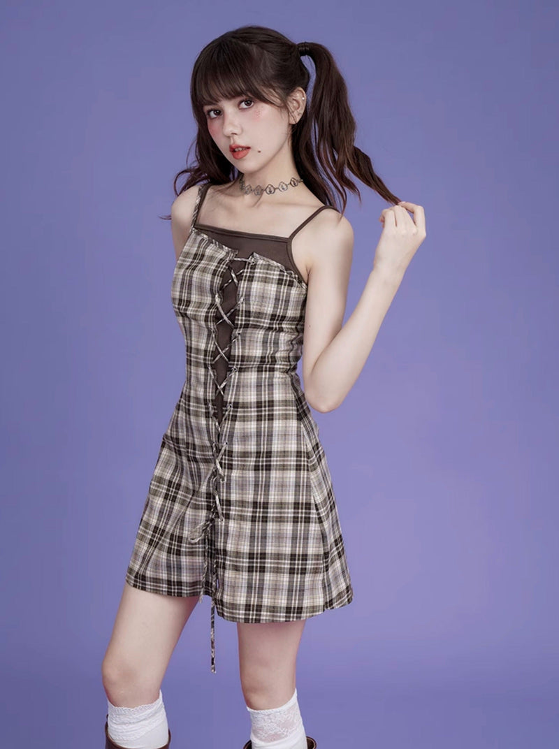 Logo Sweat Top + Plaid Lace Up Camisole Dress