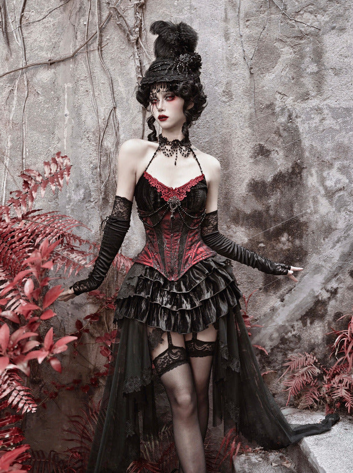 Duchess Gothic Velvet Long Tail Belt Suspender Tulle Dress Suit