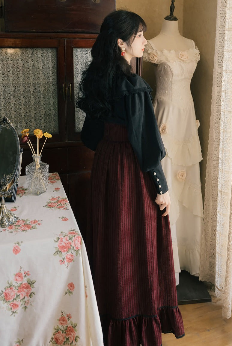 Ruffle Lace Blouse + Striped Corset Skirt