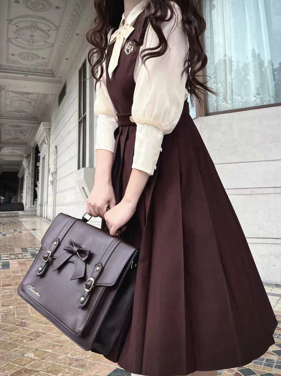 College Style Cream Chiffon Inner Shirt + V Neck Vest Skirt + Ribbon Accessories [pre-order]