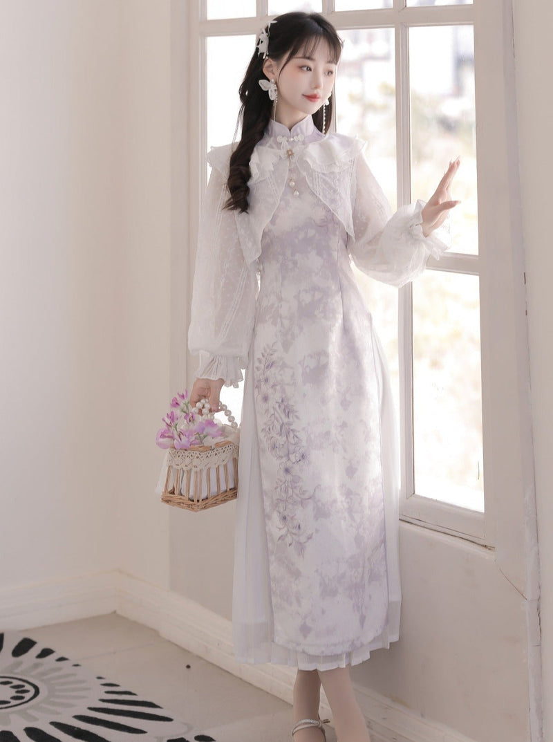 Sheer Cardigan + Flower Cheongsam Dress + Pleated Skirt