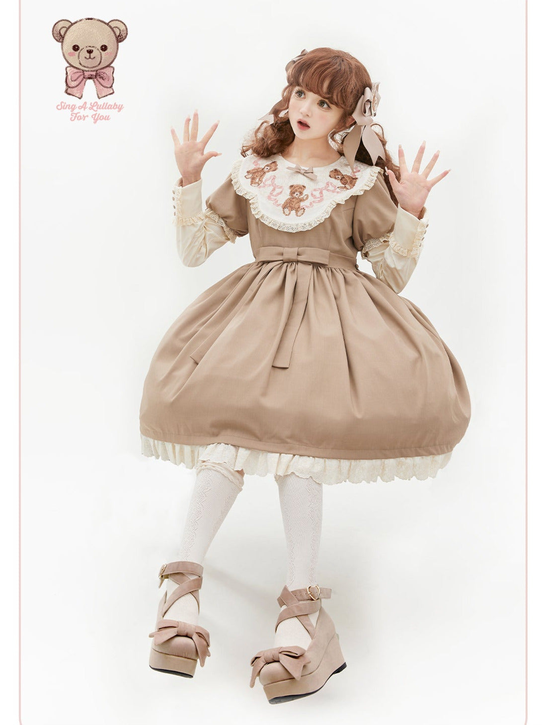 [pre-order] Lolita Teddy Bear Flap Lace Puff Sleeve Ribbon Dress