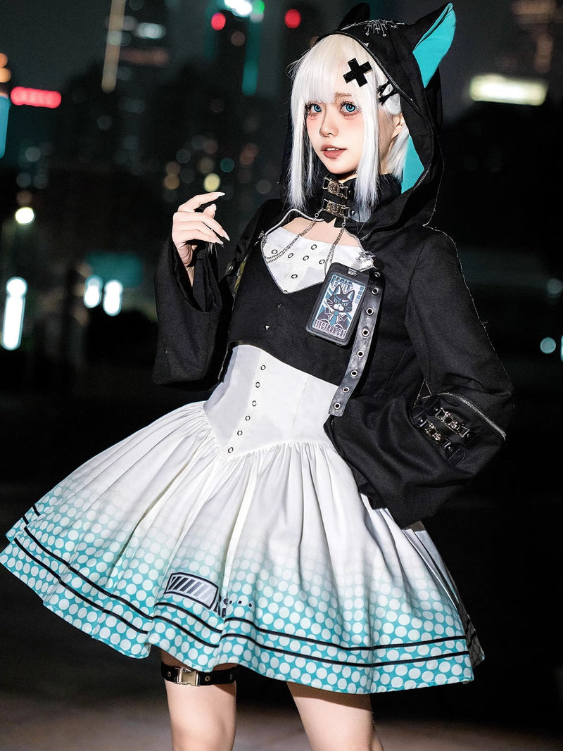 [pre-order] Daily Gothic Retro Punk Style Hooded Jacket + Pleated Jumper Skirt