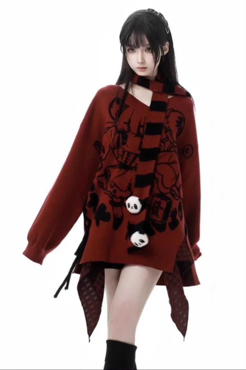 Chinese-style Illustration V Neck Knit Slim Sweater Design Shirt & Skirt Set