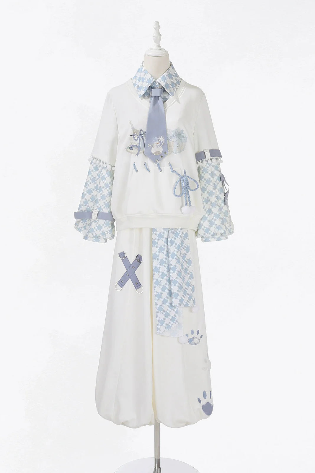 Digital Plaid Top + Wide Pants + Belt + Tie