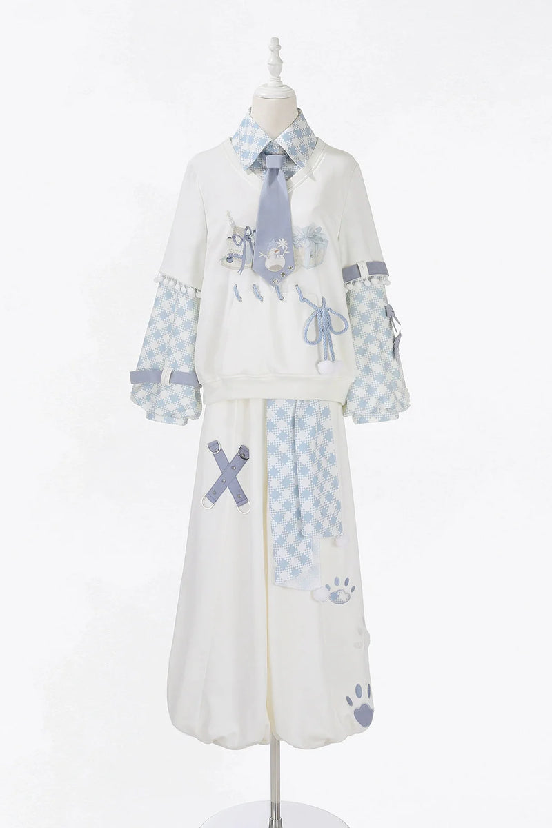 Digital Plaid Top + Wide Pants + Belt + Tie