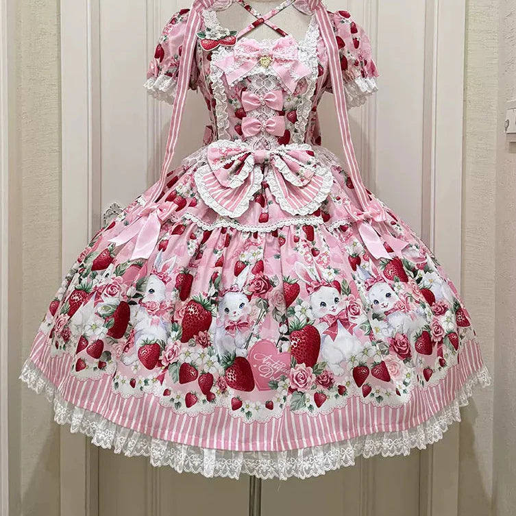[pre-order Deadline: April 29] Strawberry Rabbit Print Lace Ribbon Sweet Dress + Complete Set
