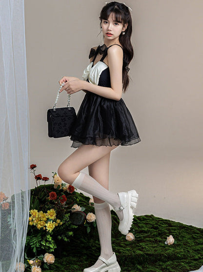 Ribbon Monochrome Lace One Piece Swimsuit
