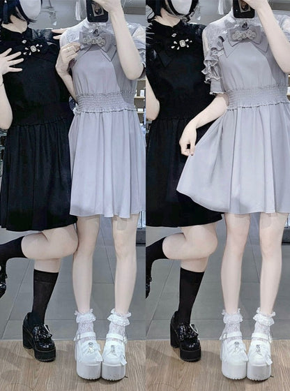 Chinese-style Lace Ribbon Off-shoulder Dress