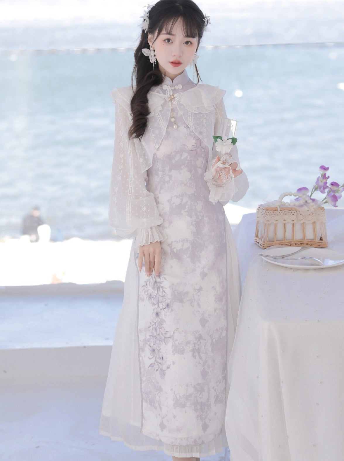 Light Purple Flower Chinese-style Dress + Ruffle Sheer Cardigan