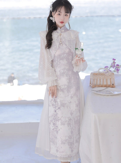 Light Purple Flower Chinese-style Dress + Ruffle Sheer Cardigan