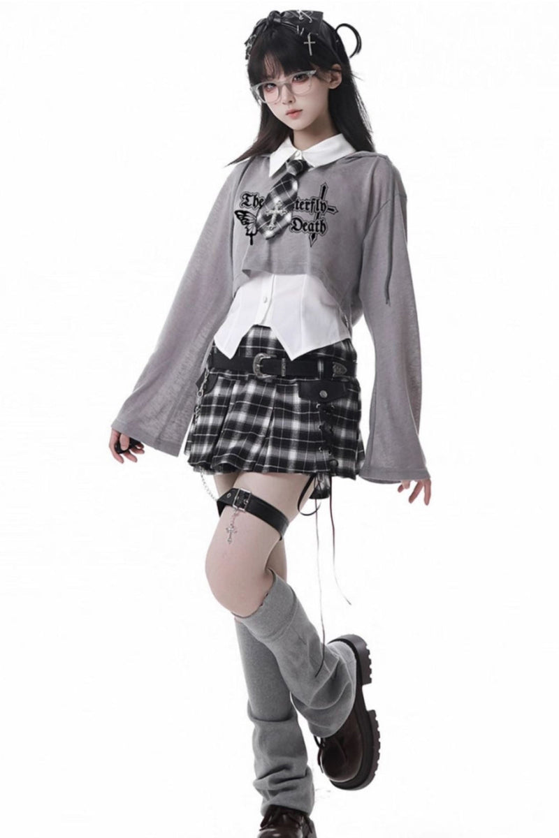 Y2k Hooded Crop Top + Sleeveless Shirt With Tie + Plaid Culottes