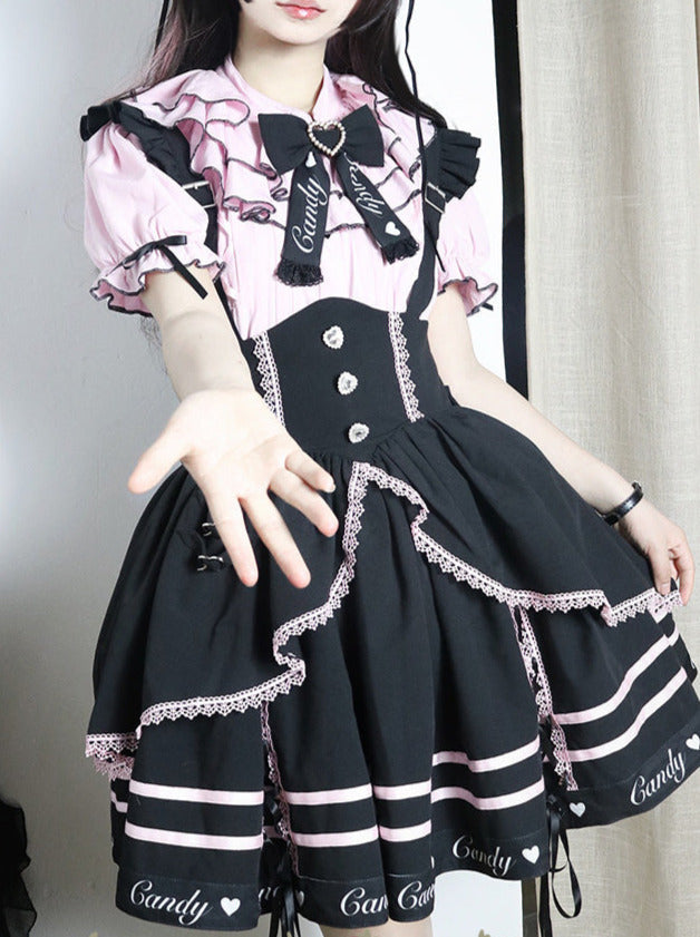 Berry Fleur Sweet Girl Blouse Black Pink Suspender Dress Set