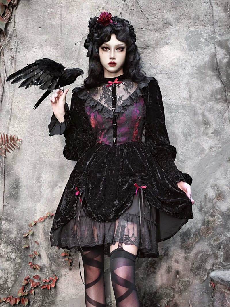 Rose Cemetery Gothic Dark Red Velvet Puff Sleeve Lace Dress