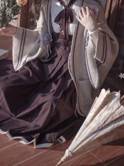 Retro Japanese-style Sleeve Knit Cardigan + Ruffle Stand Collar Shirt + Vest Dress + Ribbon + Corsage