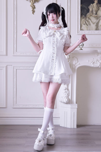 Jirai Stripe Lace Puff Sleeve Top + Short Skirt