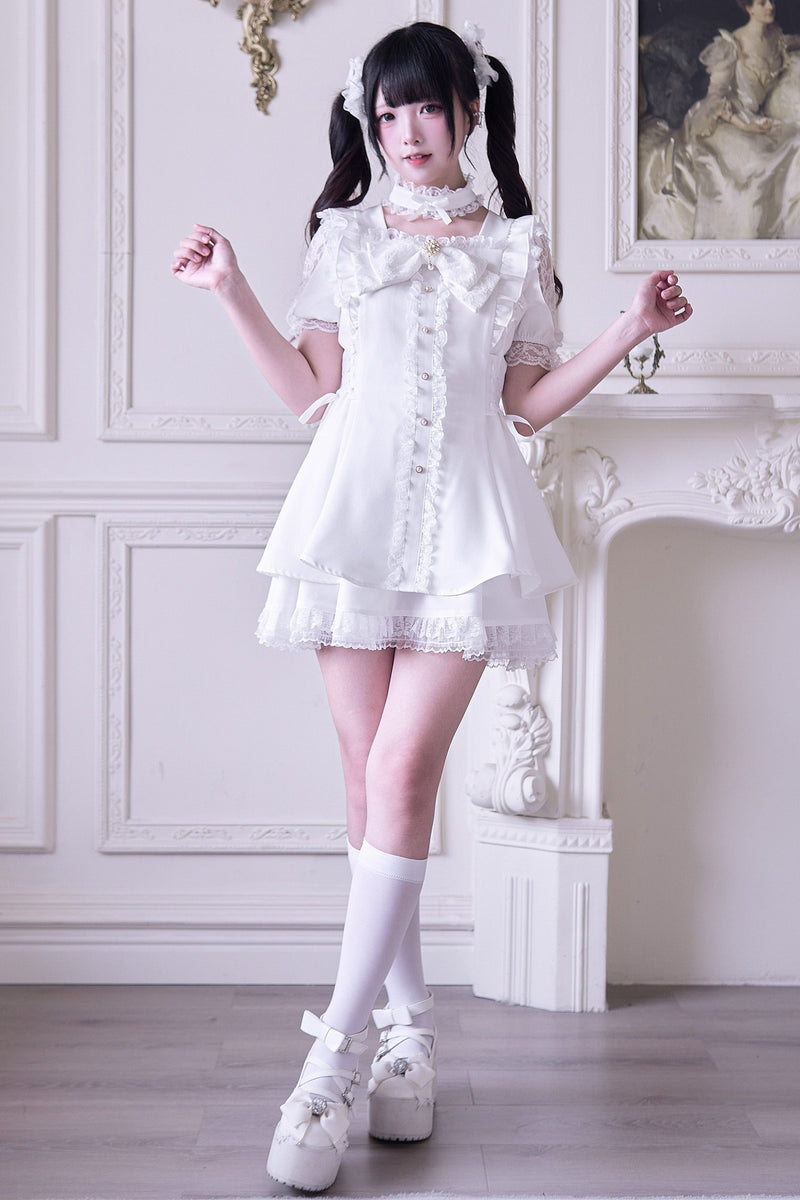 Jirai Stripe Lace Puff Sleeve Top + Short Skirt