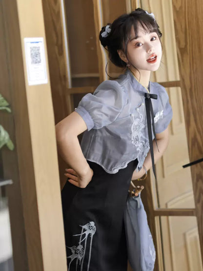 Sheer Short Chinese-style Shirt + Suspender Dress [short / Long] + Bag