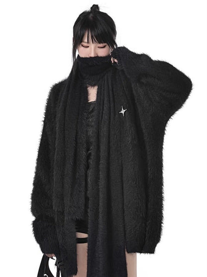 Metal Star Dark Style Loose Knit Cardigan With Scarf