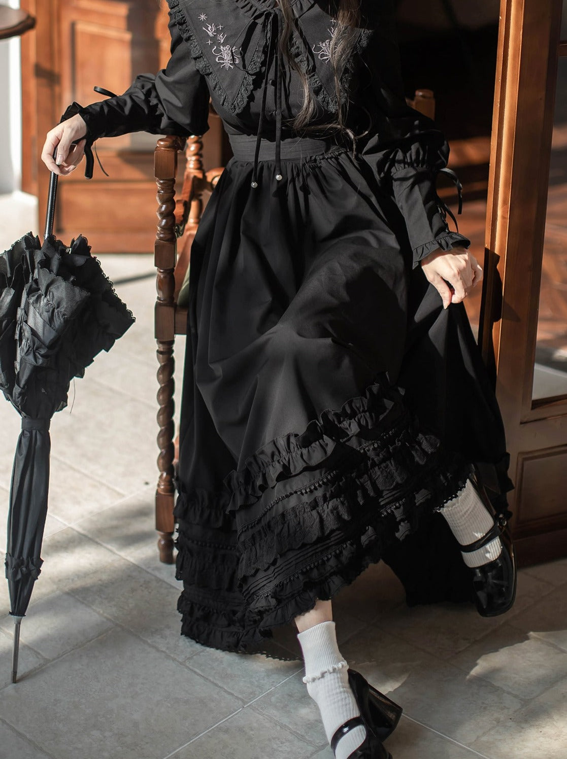 Retro French Leg-of-mutton Dark Dress + Belt