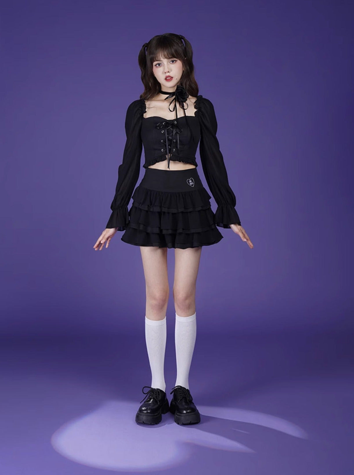 Lace-up Volume Sleeve Short Top + Tiered Skirt