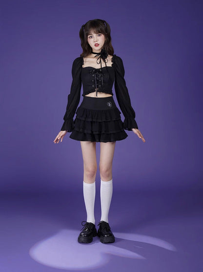 Lace-up Volume Sleeve Short Top + Tiered Skirt