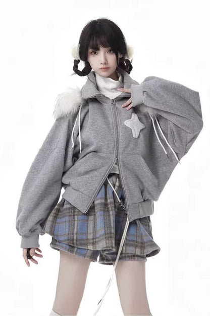 Starry Night Faux Fur Hoodie Plush Jacket Top Plaid Bottoms Set
