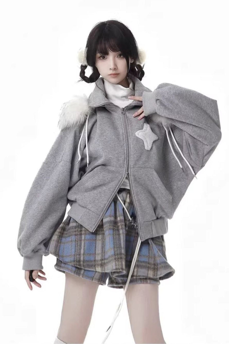 Starry Night Faux Fur Hoodie Plush Jacket Top Plaid Bottoms Set