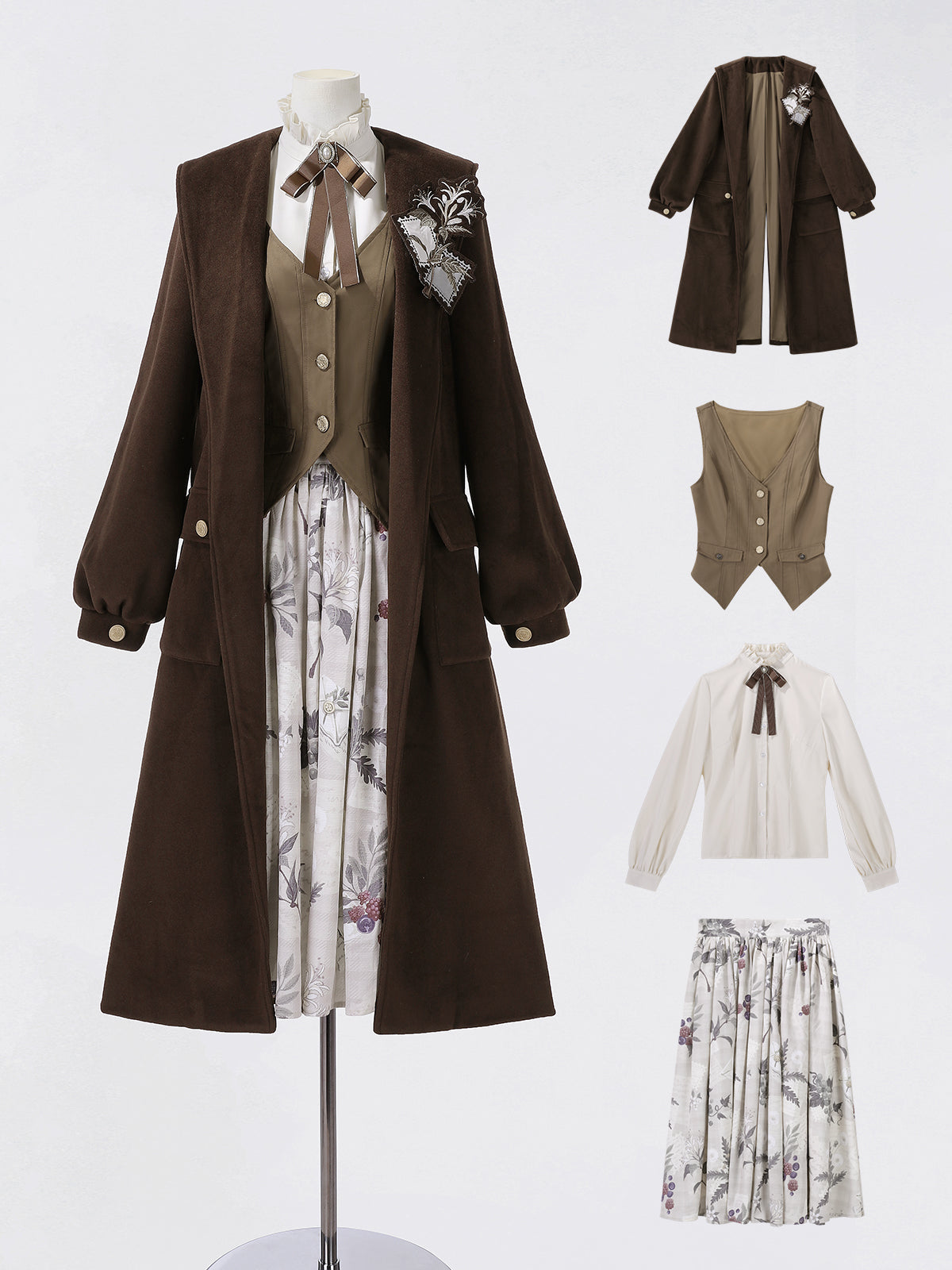 Retro Long Coat + Skirt + Shirt + Vest