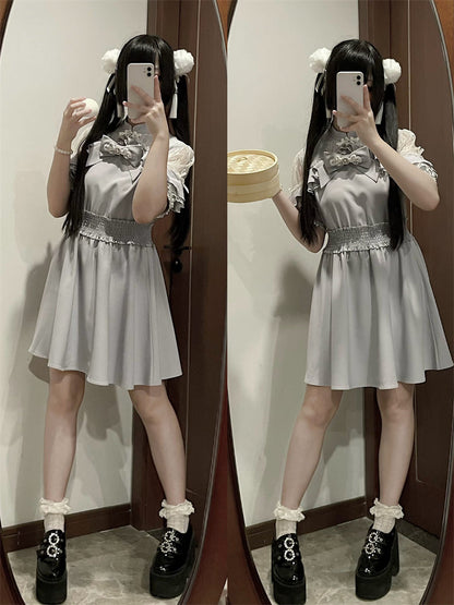 Chinese-style Lace Ribbon Off-shoulder Dress
