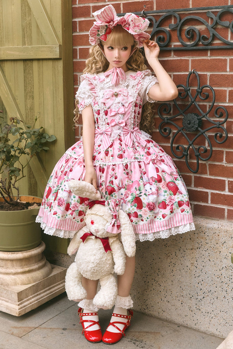 [pre-order Deadline: April 29] Strawberry Rabbit Ear Ribbon Shirt + Ruffled Shoulder Lace Ribbon Jk School Uniform Dress + Full Set/complete Set